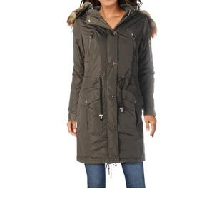 Bebe green military style coat with fur trim